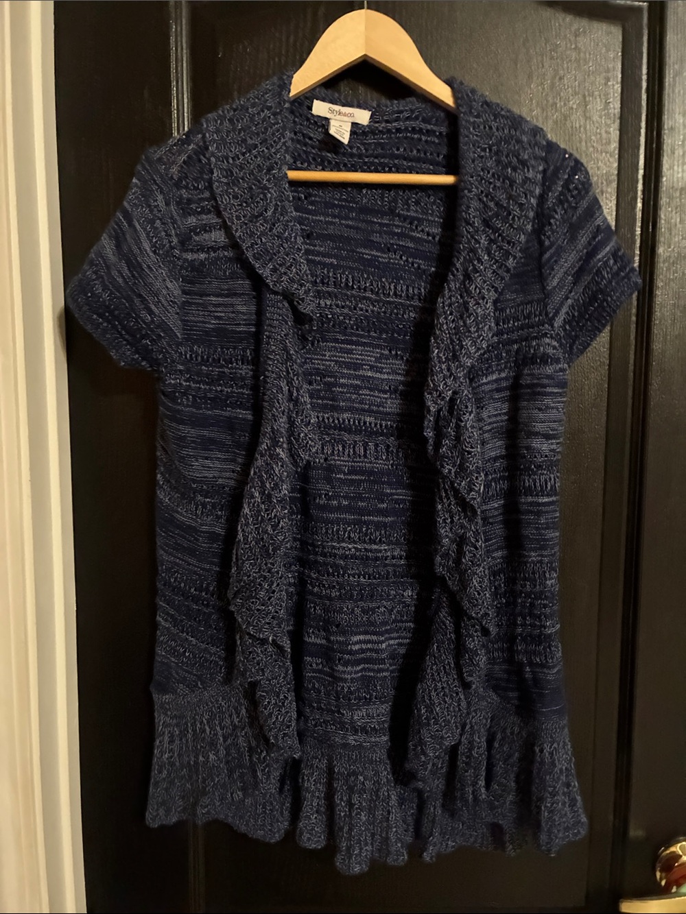 Style&Co. Deep Navy Short-Sleeve Ruffled Open Cardigan